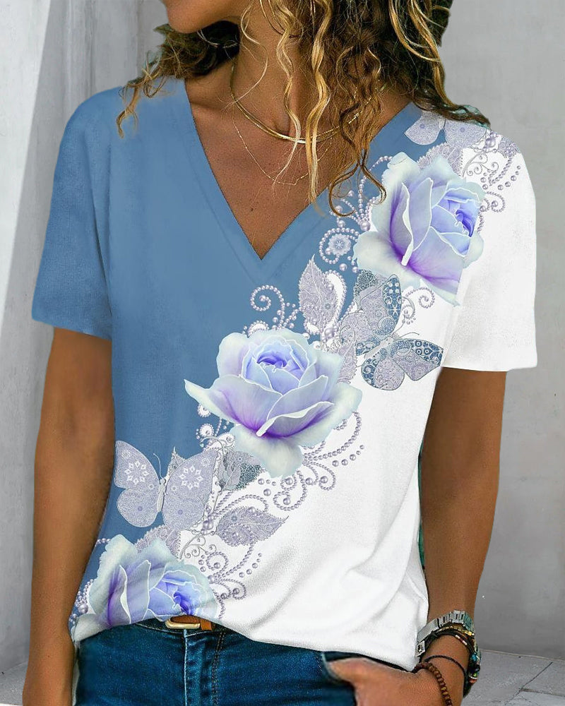 Blommor tryck V-hals t-shirt