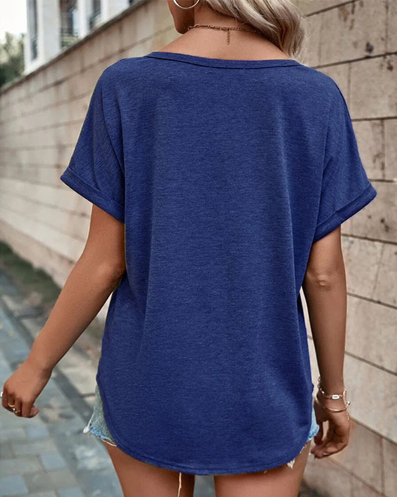 V-ringad Hollow Out T-shirt med korta ärmar