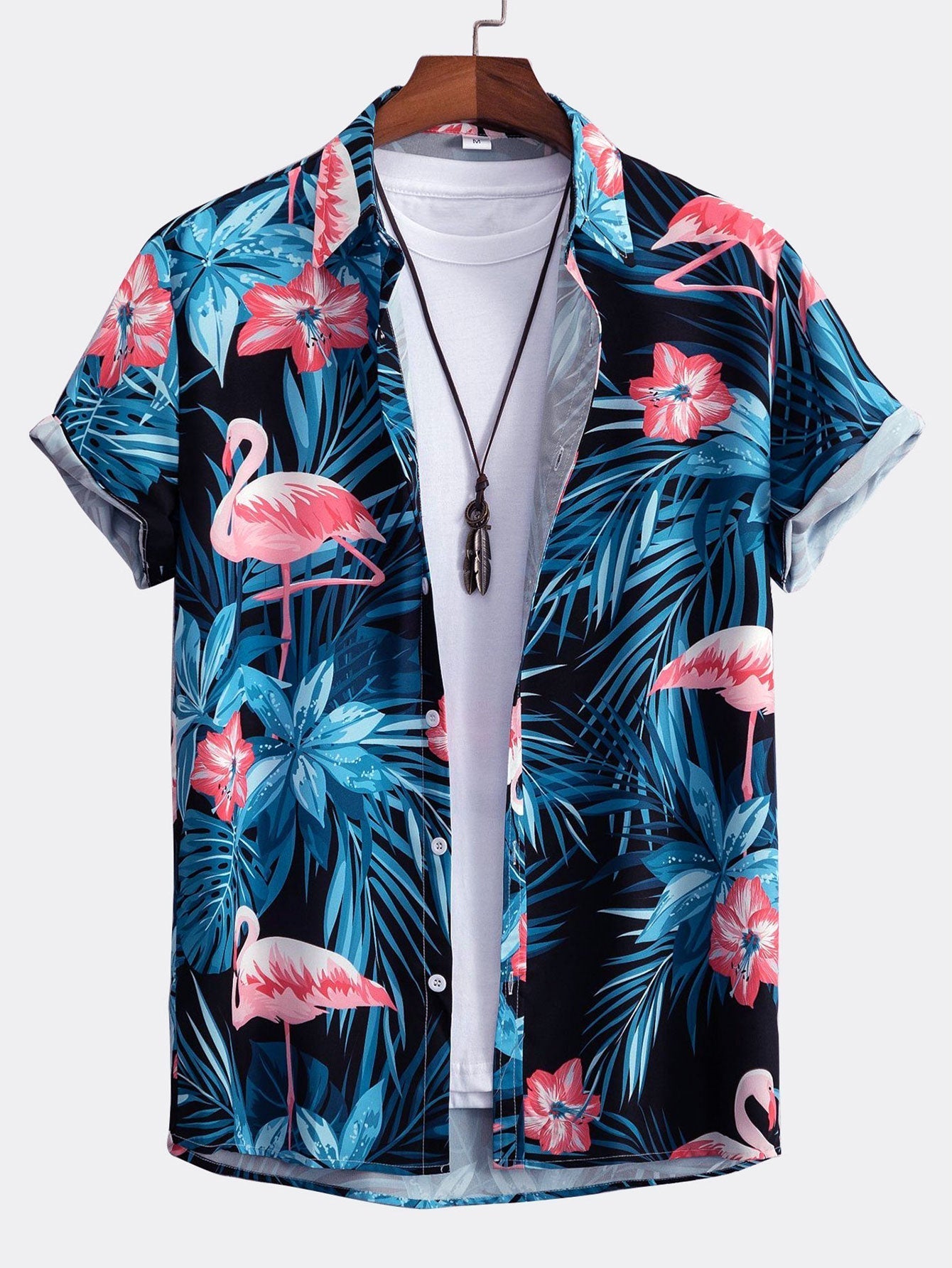 Flamingo Tropical Print Button Up-skjorta och badshorts