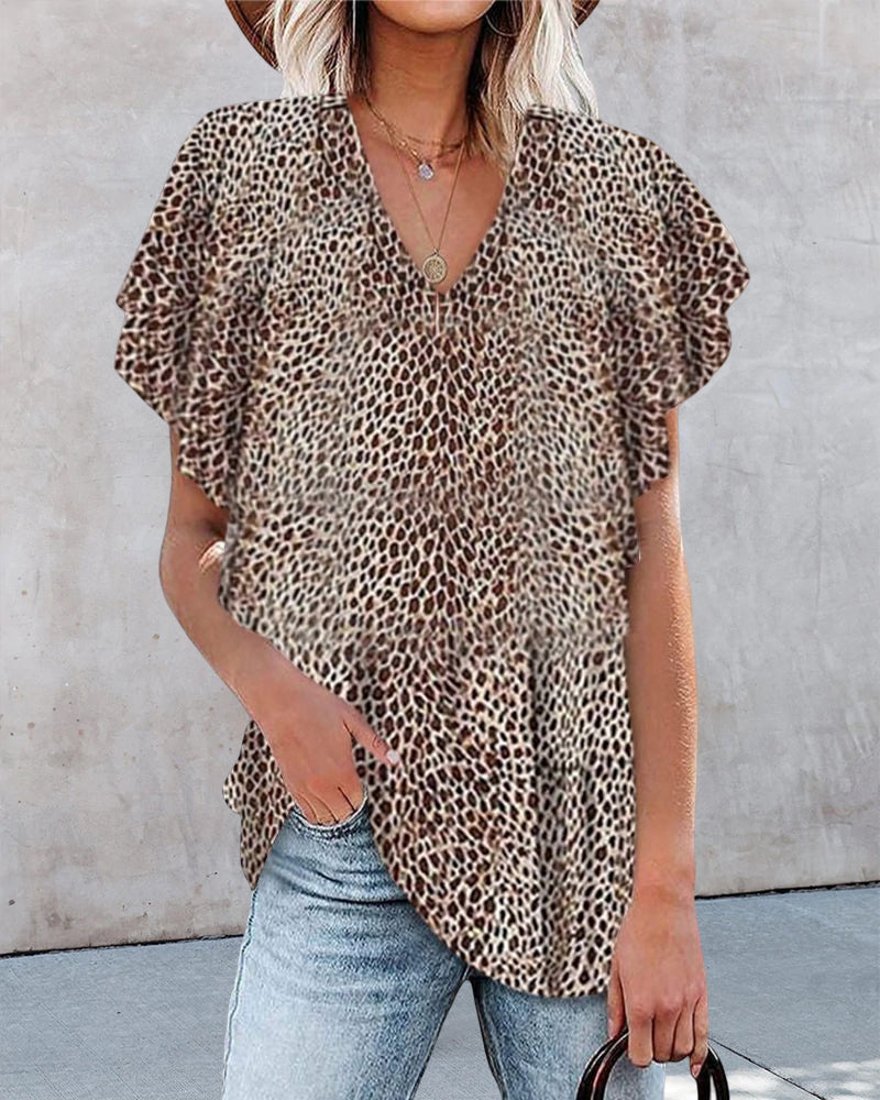 V-ringad leopard kortärmad topp