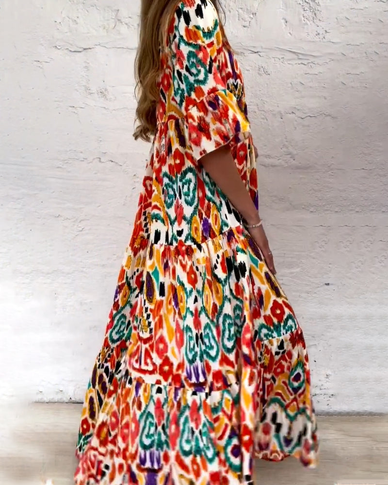 Färgad A-linje klänning med V-ringning