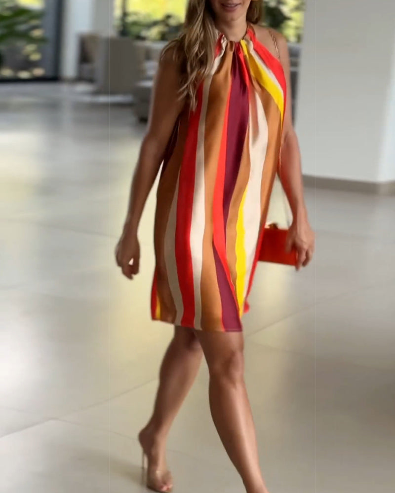 Halterneck färgglad klänning med band