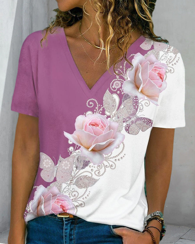 Blommor tryck V-hals t-shirt
