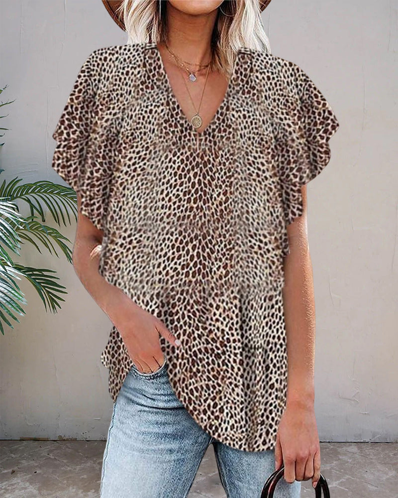 V-ringad leopard kortärmad topp