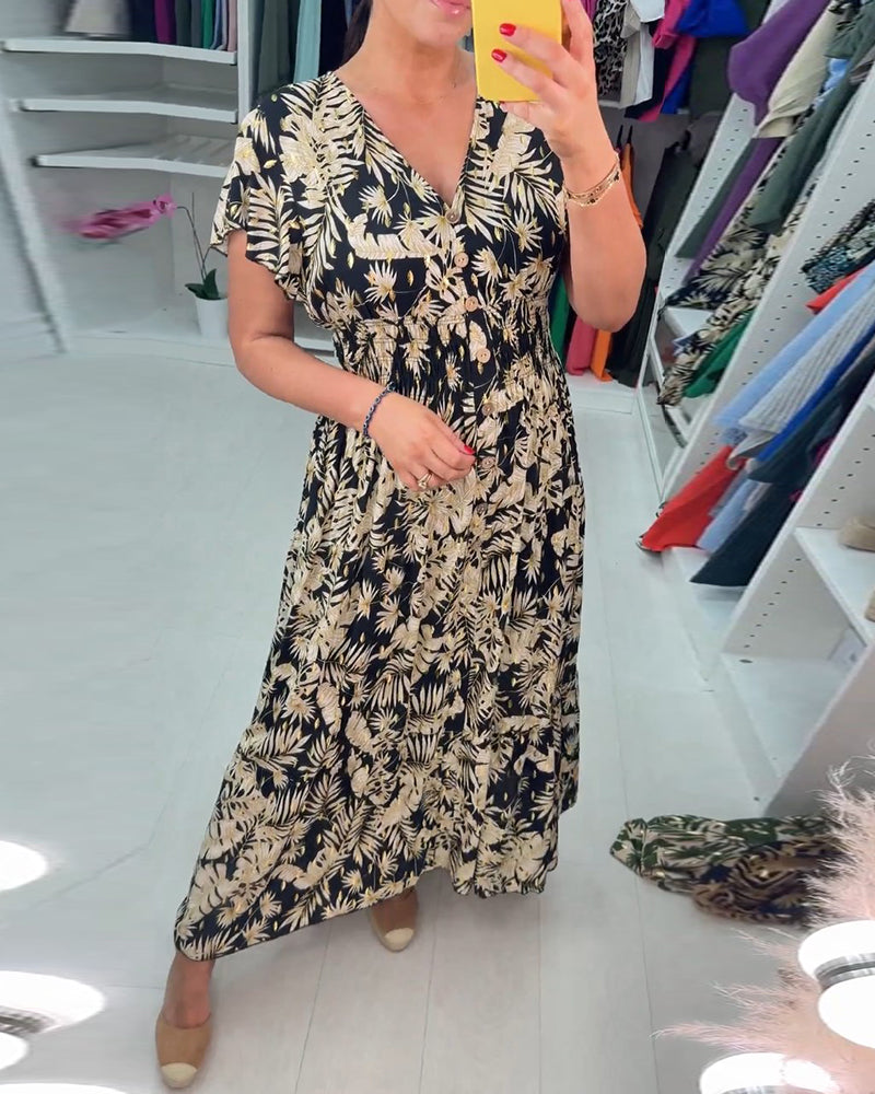 Kortärmad klänning med v-ringad bladtryck