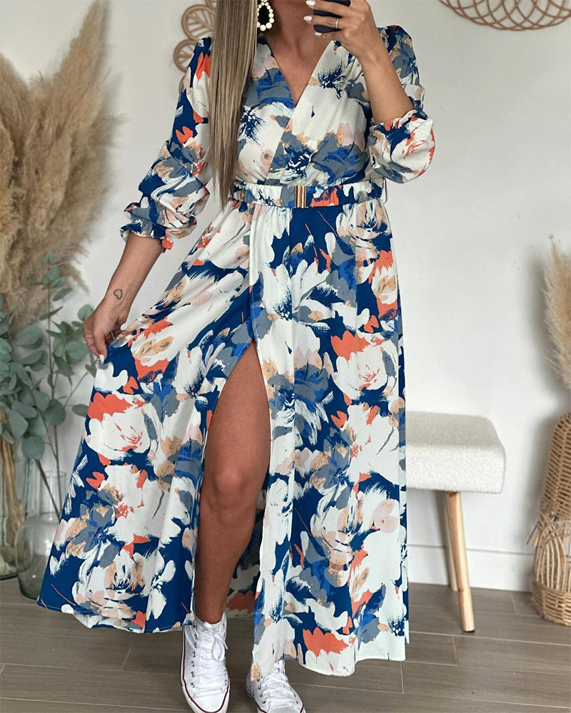 Elegant klänning med slits med blommönster