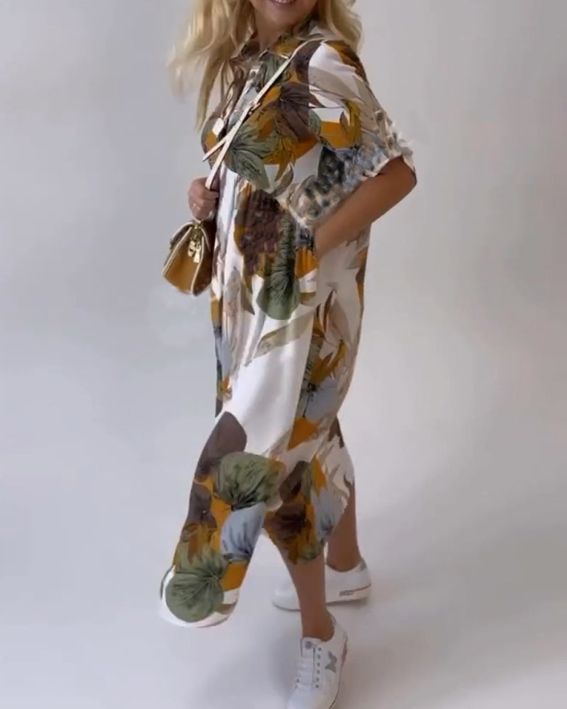 Fritidsklänning i lapel med bladtryck