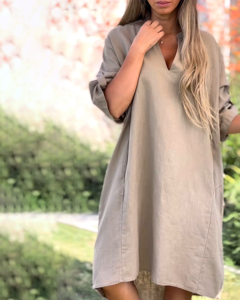 V-ringad enfärgad bekväm casual klänning