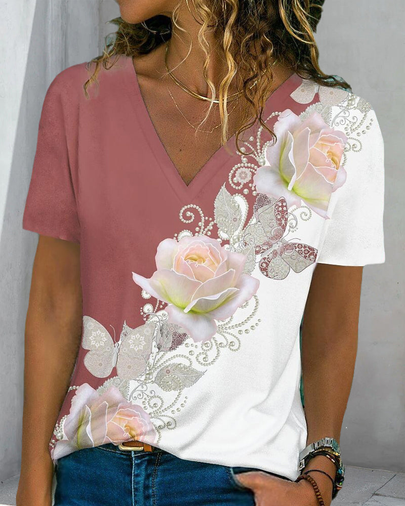 Blommor tryck V-hals t-shirt