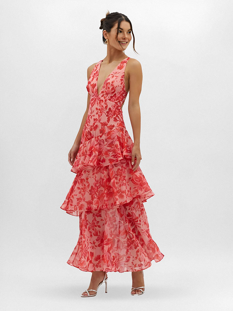 Maxiklänning med rynkad rygg och band