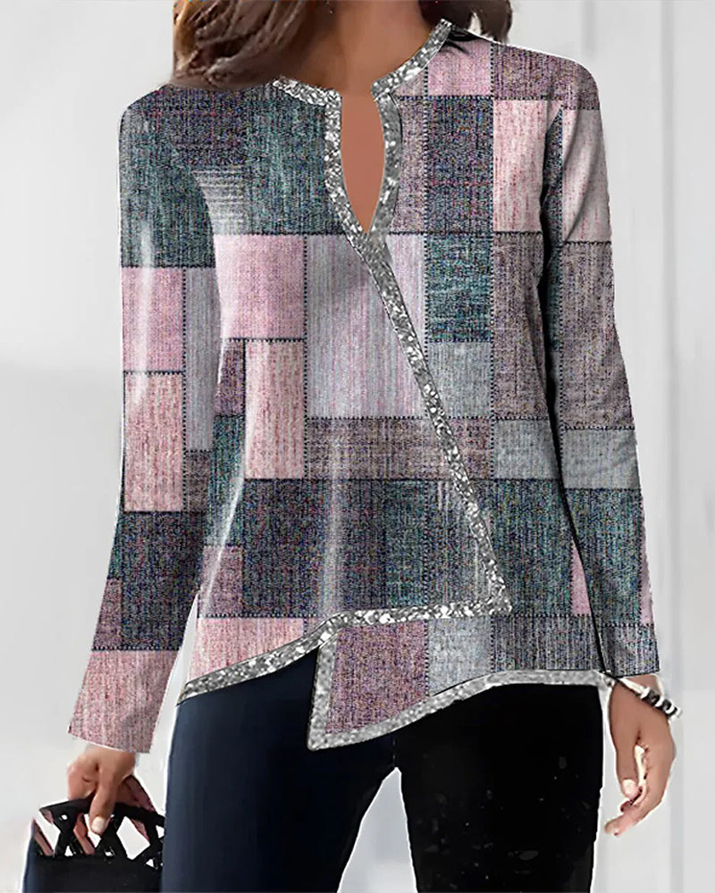Färgblock patchwork tryckt oregelbunden topp