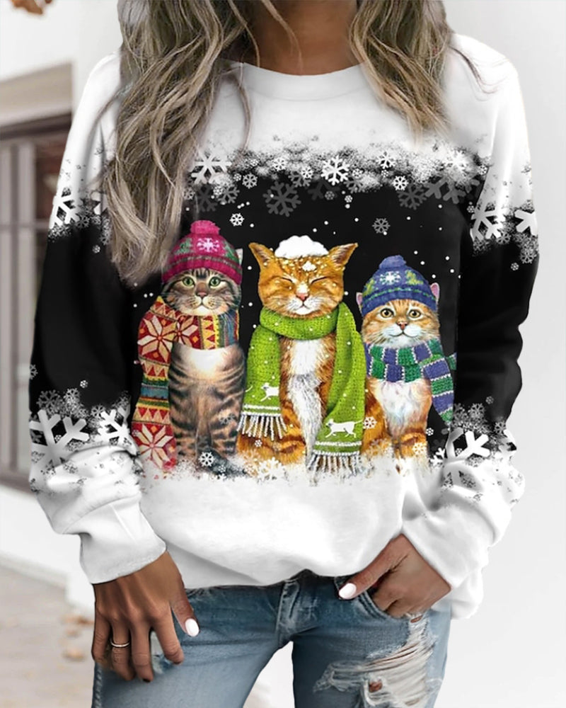 Sweatshirt med rund nacke och katttryck