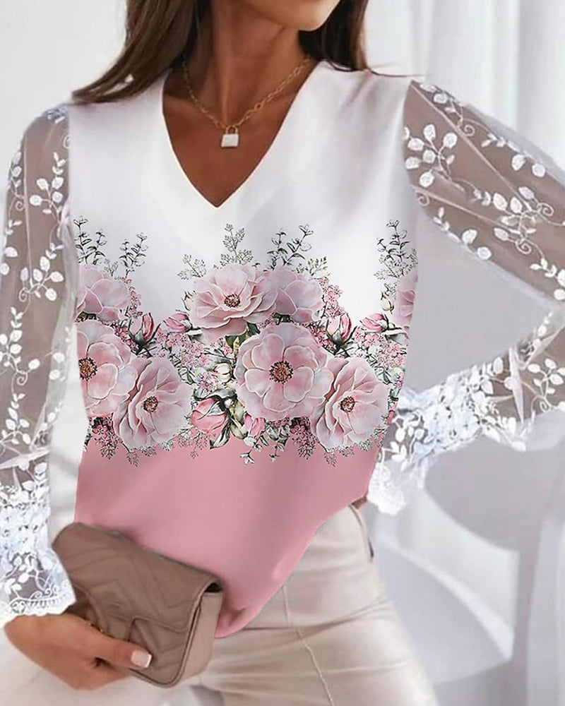 Blommigt tryck spetsärmar elegant topp