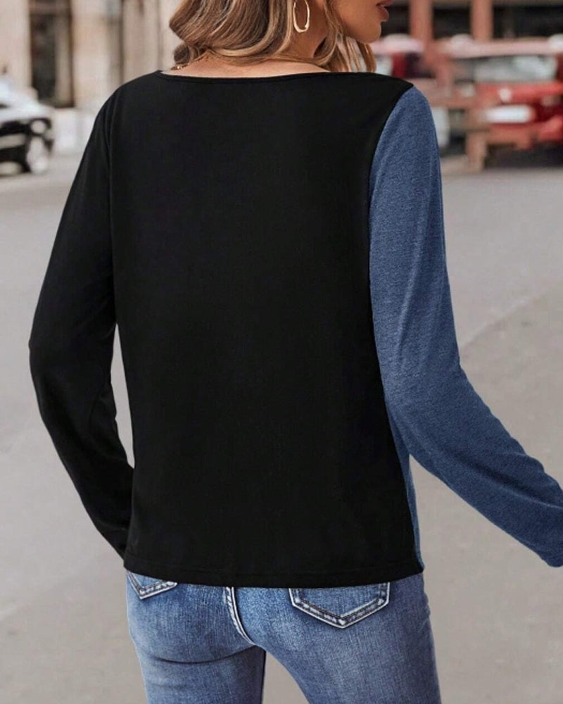 Färgblock långärmad topp med knappar