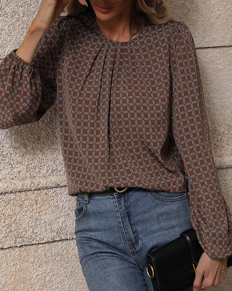 Topp med rund halsringning med retro geometriskt tryck