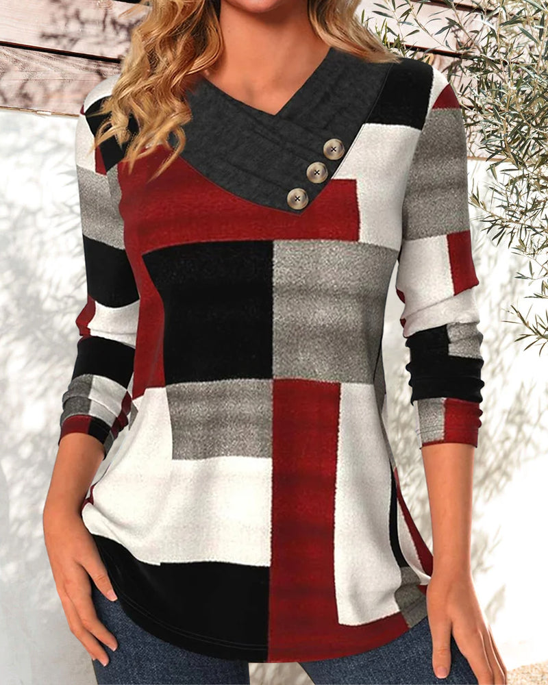 Färgblockad V-ringad långärmad topp