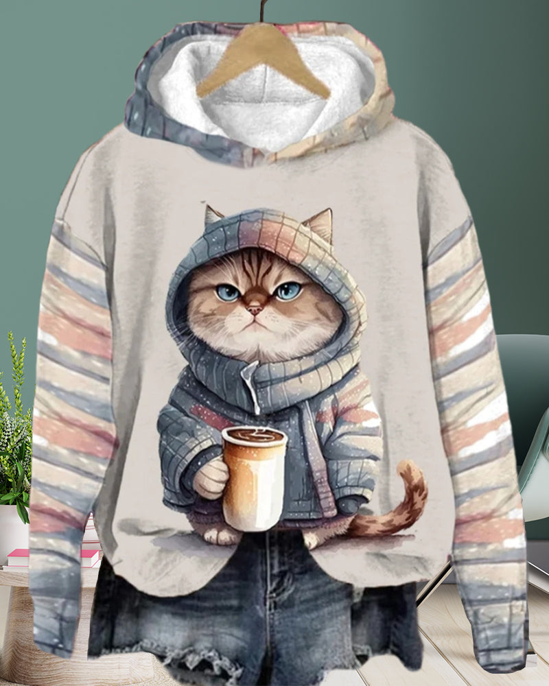 Huvtröja med kattgrafik och långa ärmar