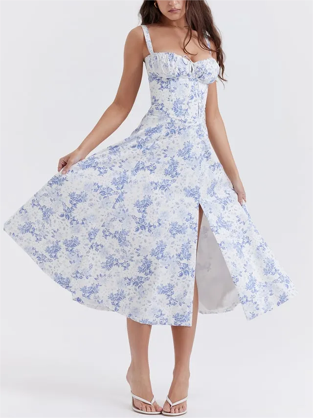 Blommig klänning med bustier som formar midjan
