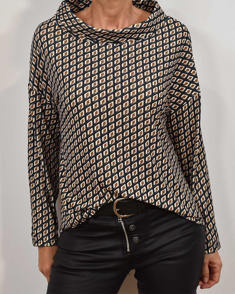 Retro geometriskt tryck stativ krage topp