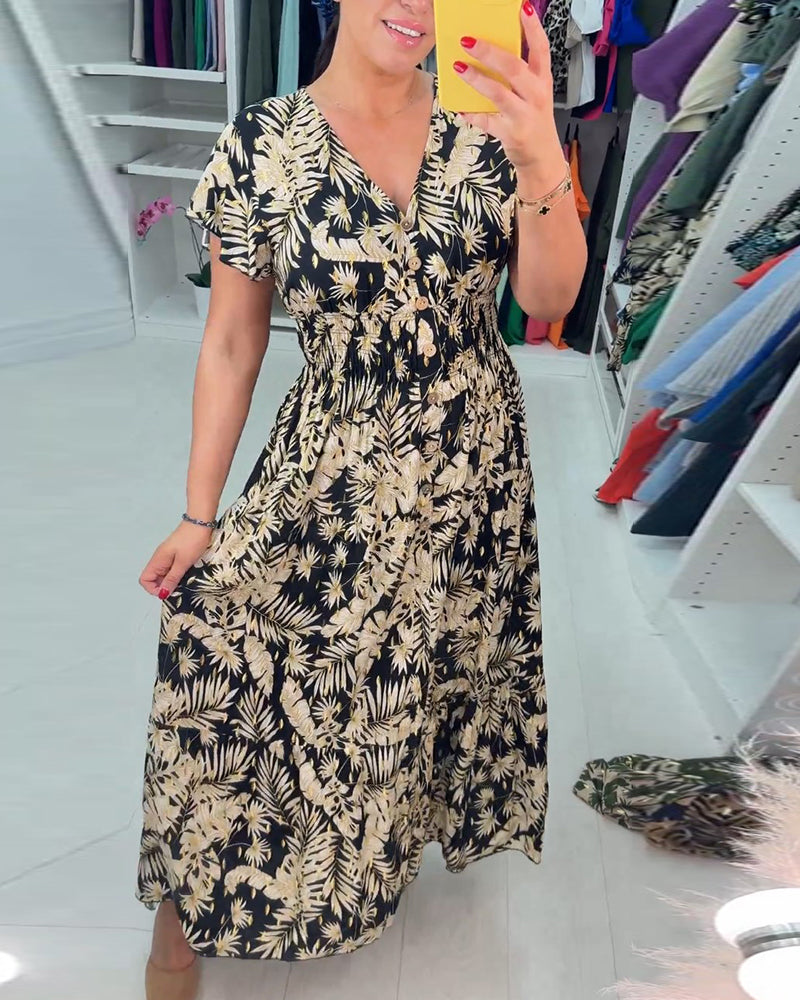 Kortärmad klänning med v-ringad bladtryck