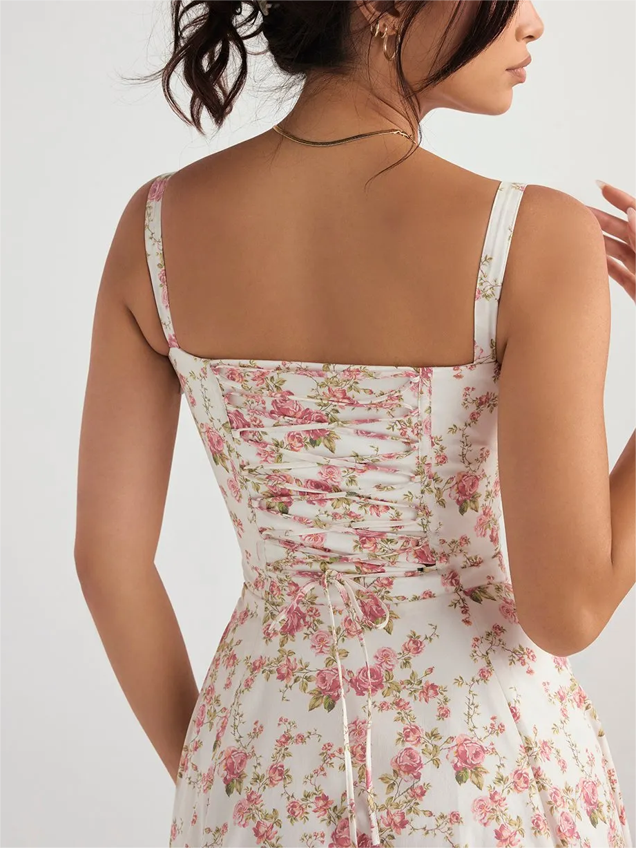 Blommig klänning med bustier som formar midjan