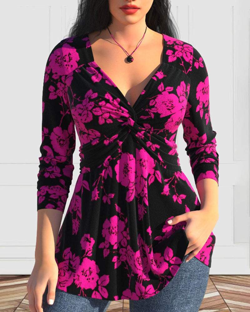 V-hals blomma Print Top