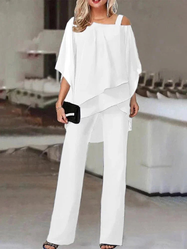 Jette™ - Tvådelat Set: Blus med Off-the-Shoulder och Byxor med Hög Midja