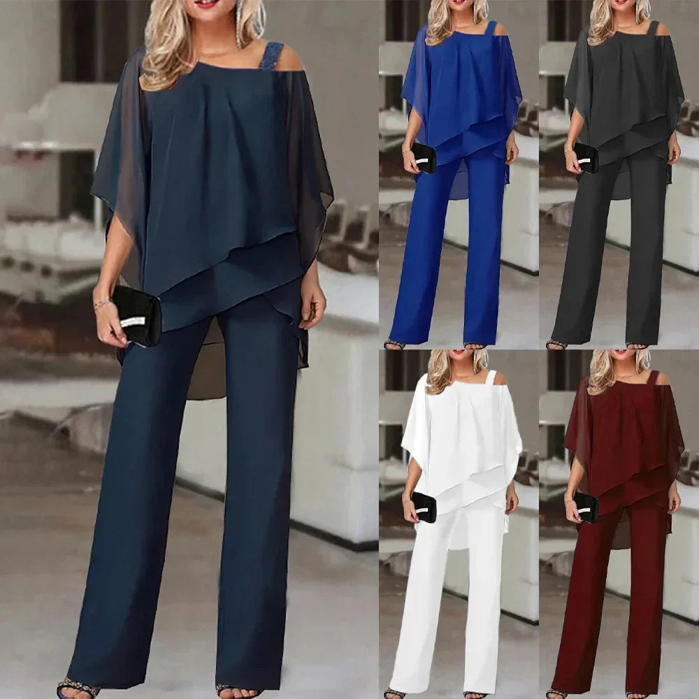Jette™ - Tvådelat Set: Blus med Off-the-Shoulder och Byxor med Hög Midja