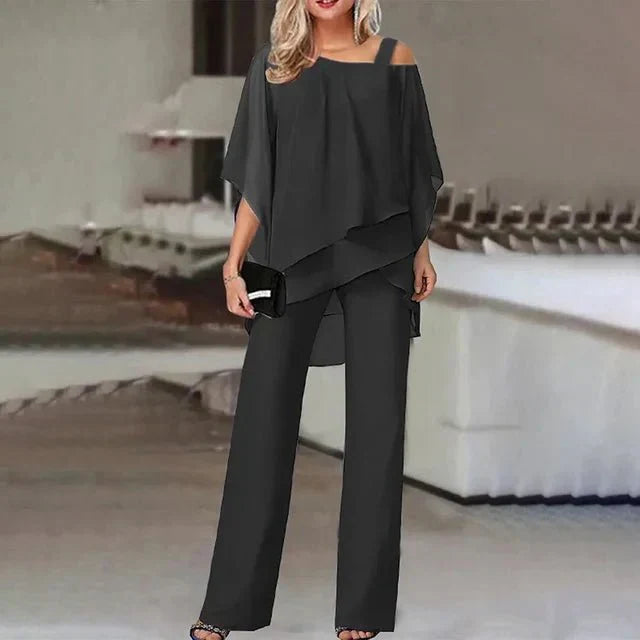 Jette™ - Tvådelat Set: Blus med Off-the-Shoulder och Byxor med Hög Midja