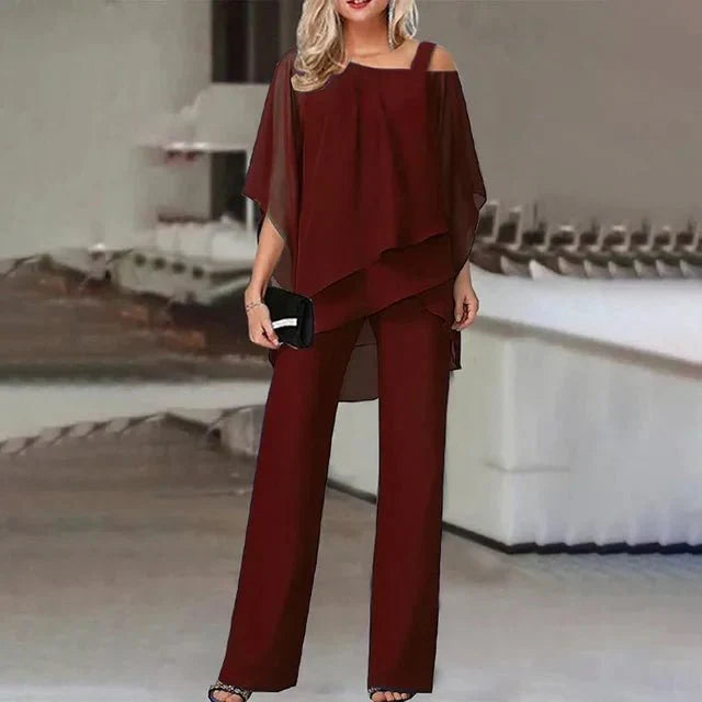 Jette™ - Tvådelat Set: Blus med Off-the-Shoulder och Byxor med Hög Midja