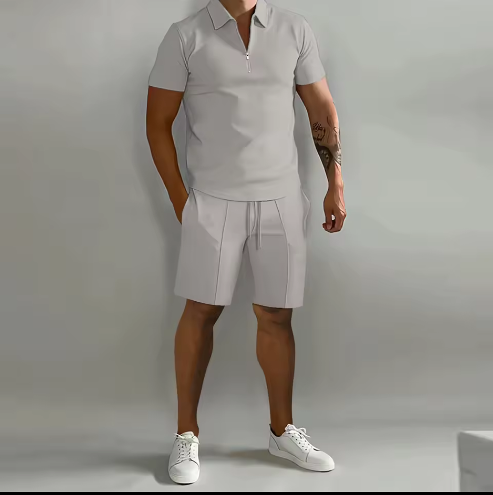 Tvådelat pikéset herr – kortärmad zip-pikétröja & shorts