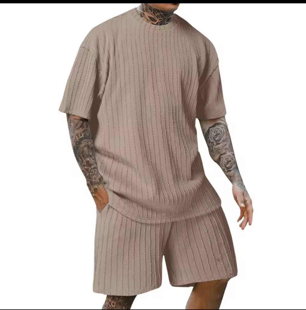 Stilrent och bekvämt ribbad shorts-set för män - Brunt