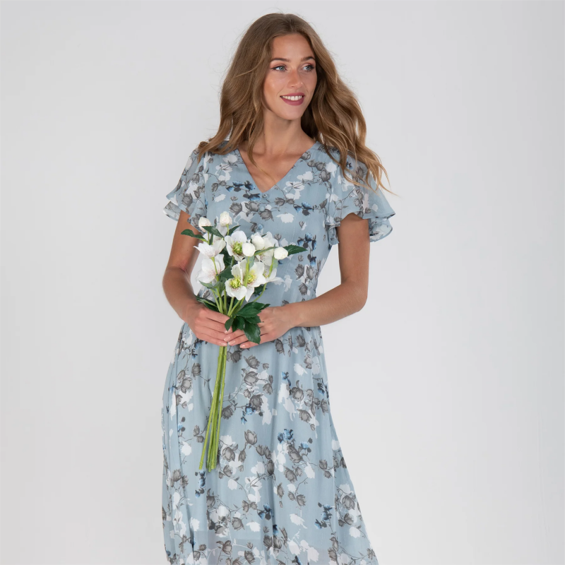 Långklänning med kort ärm och blommigt tryck