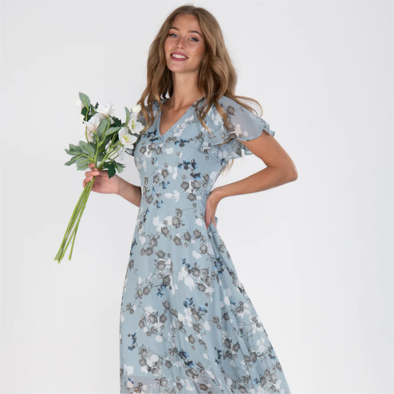 Långklänning med kort ärm och blommigt tryck