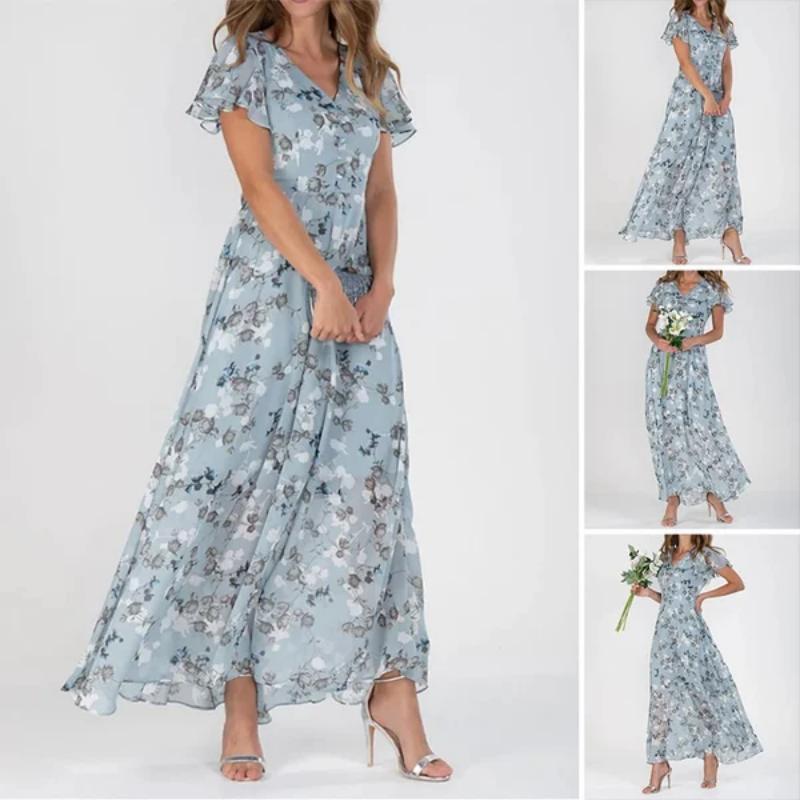 Långklänning med kort ärm och blommigt tryck