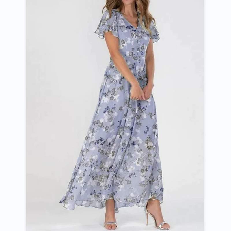 Långklänning med kort ärm och blommigt tryck