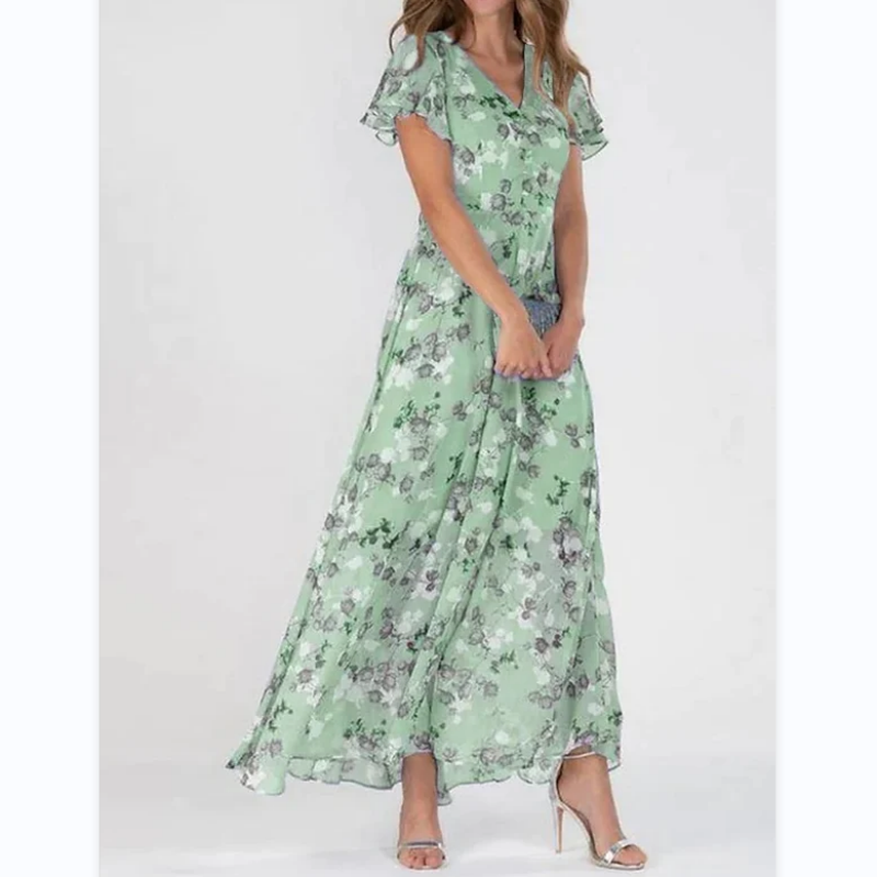 Långklänning med kort ärm och blommigt tryck