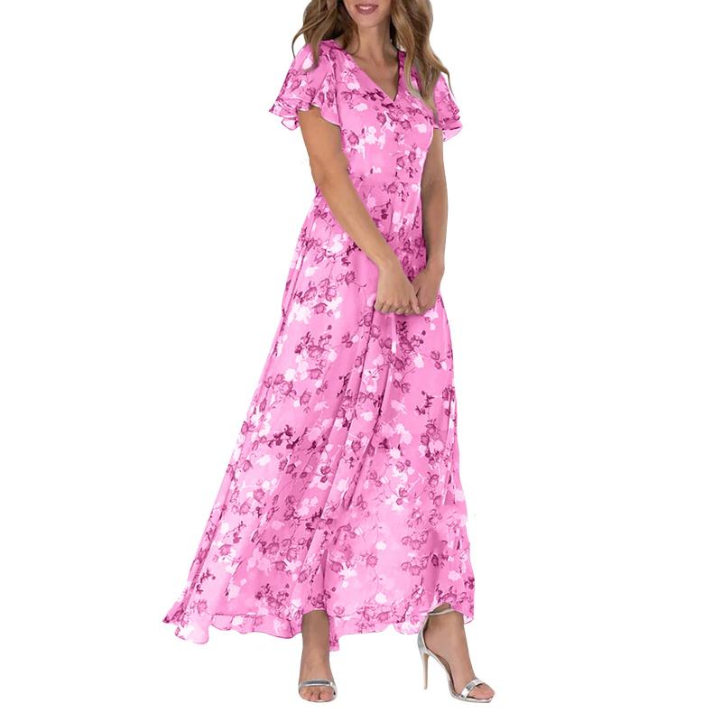 Långklänning med kort ärm och blommigt tryck