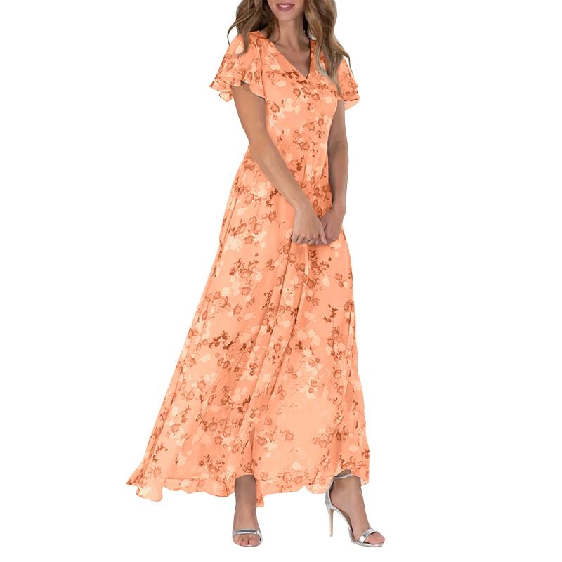 Långklänning med kort ärm och blommigt tryck