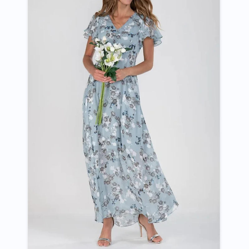 Långklänning med kort ärm och blommigt tryck