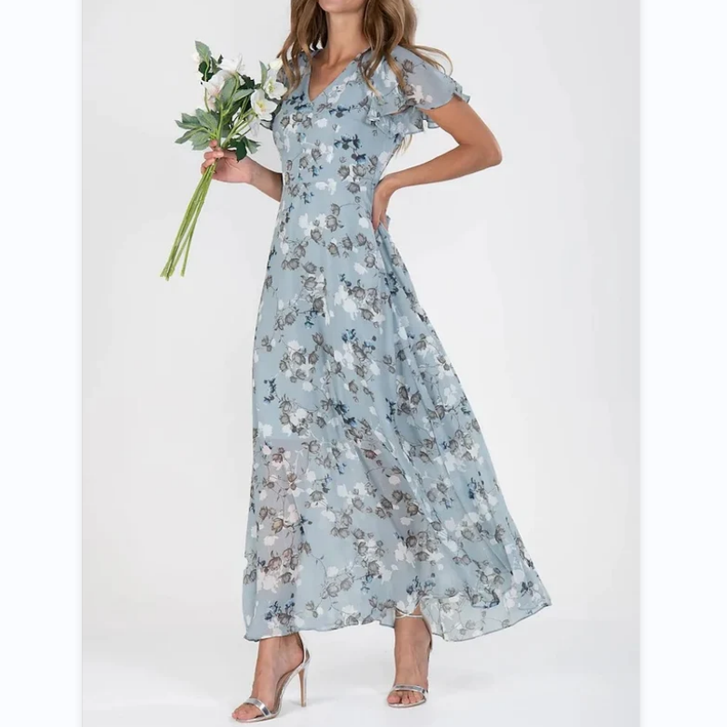 Långklänning med kort ärm och blommigt tryck