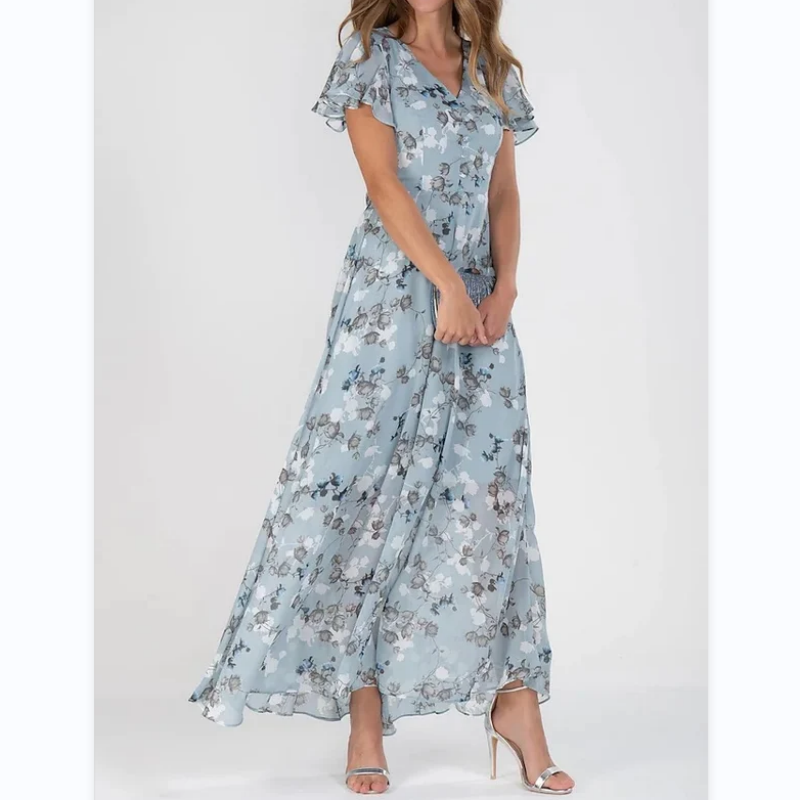 Långklänning med kort ärm och blommigt tryck